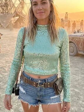 MNG Mango Mint Green Sequin Mermaid Festival Crop Top Burning Man Party Y2K